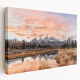 Large canvas print of the Grand Tetons with vivid green and blue tones, suitable for kitchen wall art.