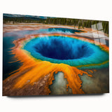 Large abstract wall art featuring Yellowstone scenery in muted earth tones on acrylic glass.