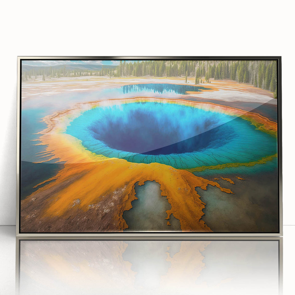 Mid-century modernist art depicting Yellowstone scenery in muted earth tones on a silver-framed acrylic print.