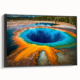 Black and white framed canvas of Yellowstone landscape, ideal for bedroom wall art.
