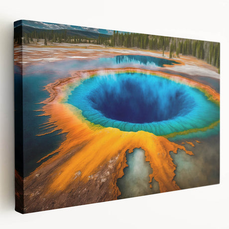 Yellowstone National Park scenery on large stretched canvas, featuring earthy tones and green accents.