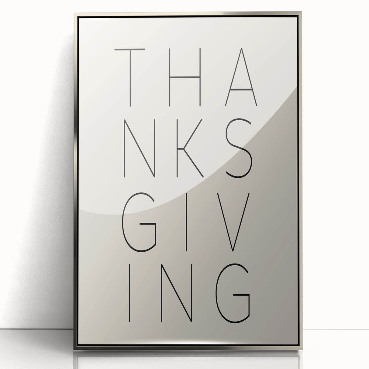 Mid-century modernist art depicting abstract fall foliage in warm orange tones on a silver-framed acrylic print.