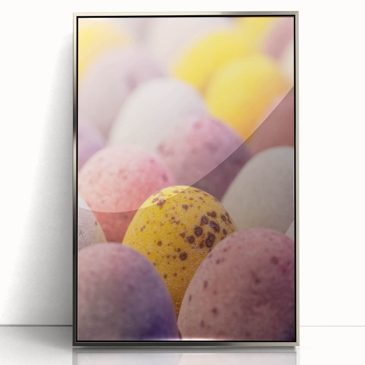 Mid-century modernist art depicting spring season in pastel shades on a silver-framed acrylic print.