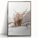 Large art print of a mid-century modernist winter scene in muted gold and white tones on framed acrylic.