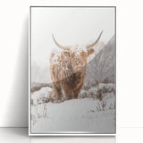 Acrylic print of a modern art deco poster featuring a winter scene in muted blue and white tones.