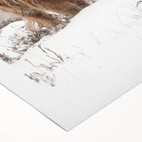 Art deco poster featuring a winter scene with muted blue and white tones on rolled canvas, suitable for dining room decor.