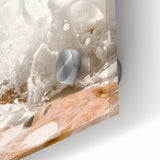 Large abstract wall art in mid-century modernist style with vibrant orange and blue tones on acrylic glass.