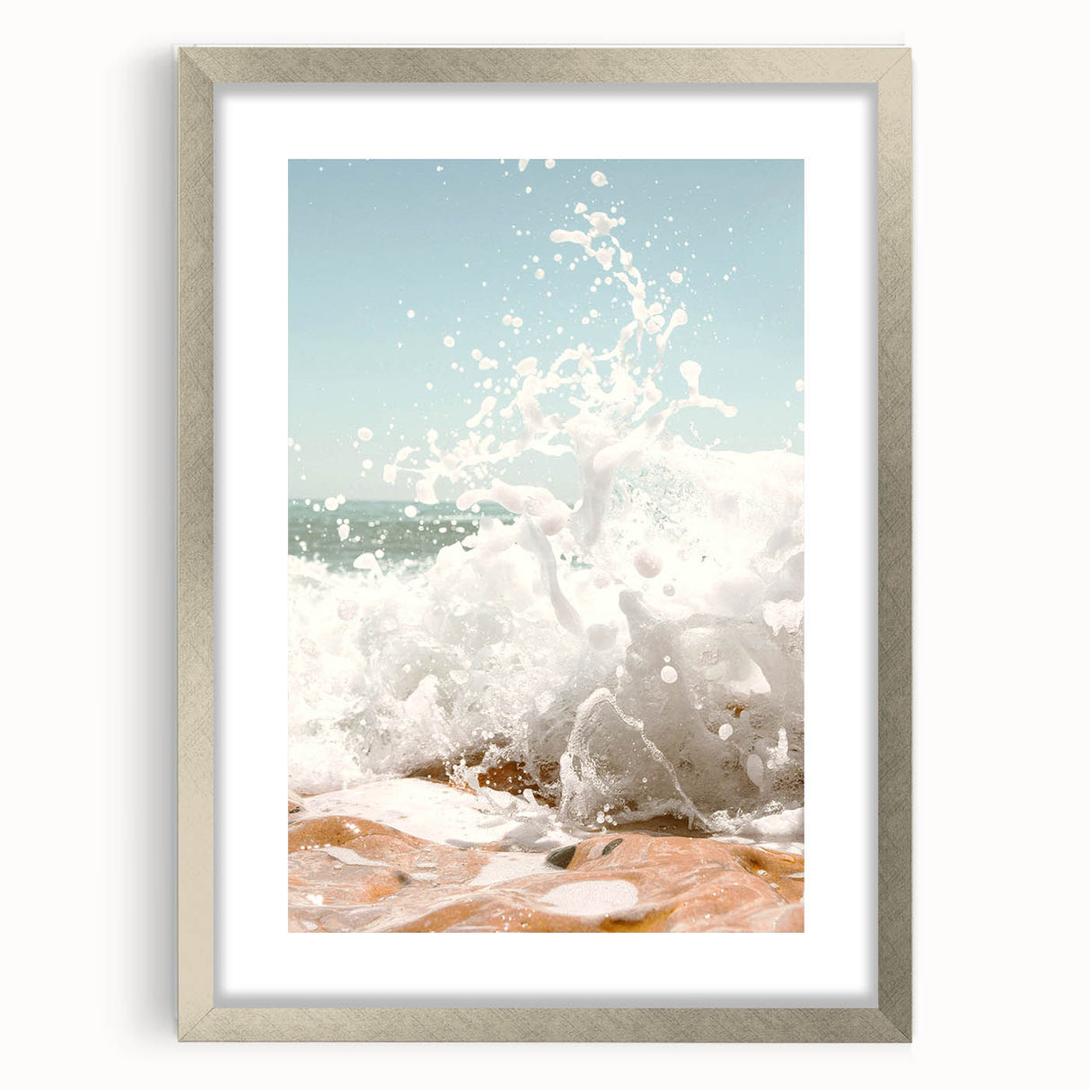 Textured abstract art print in silver frame, featuring swirling gray and white patterns, ideal for modern bedroom decor.
