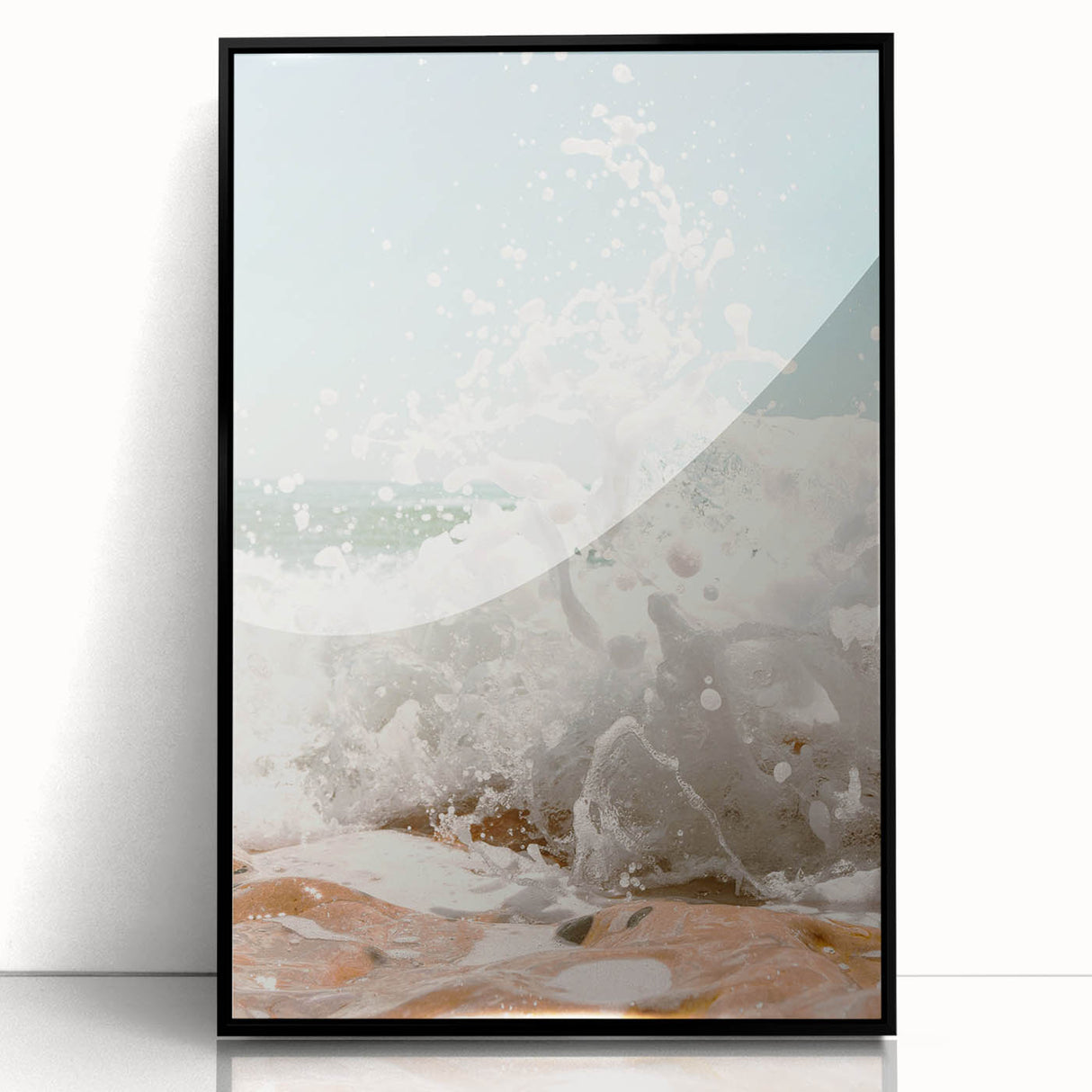 Large abstract wall art in vibrant orange and blue hues on acrylic, framed in black, suitable for modern living room decor.