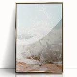 Large art print of a mid-century modernist abstract design in gold and white hues on acrylic.