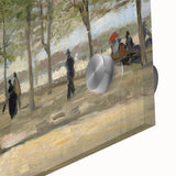 Large abstract wall art print featuring dynamic swirls in blue and yellow on acrylic glass, ideal for dining room ambiance.