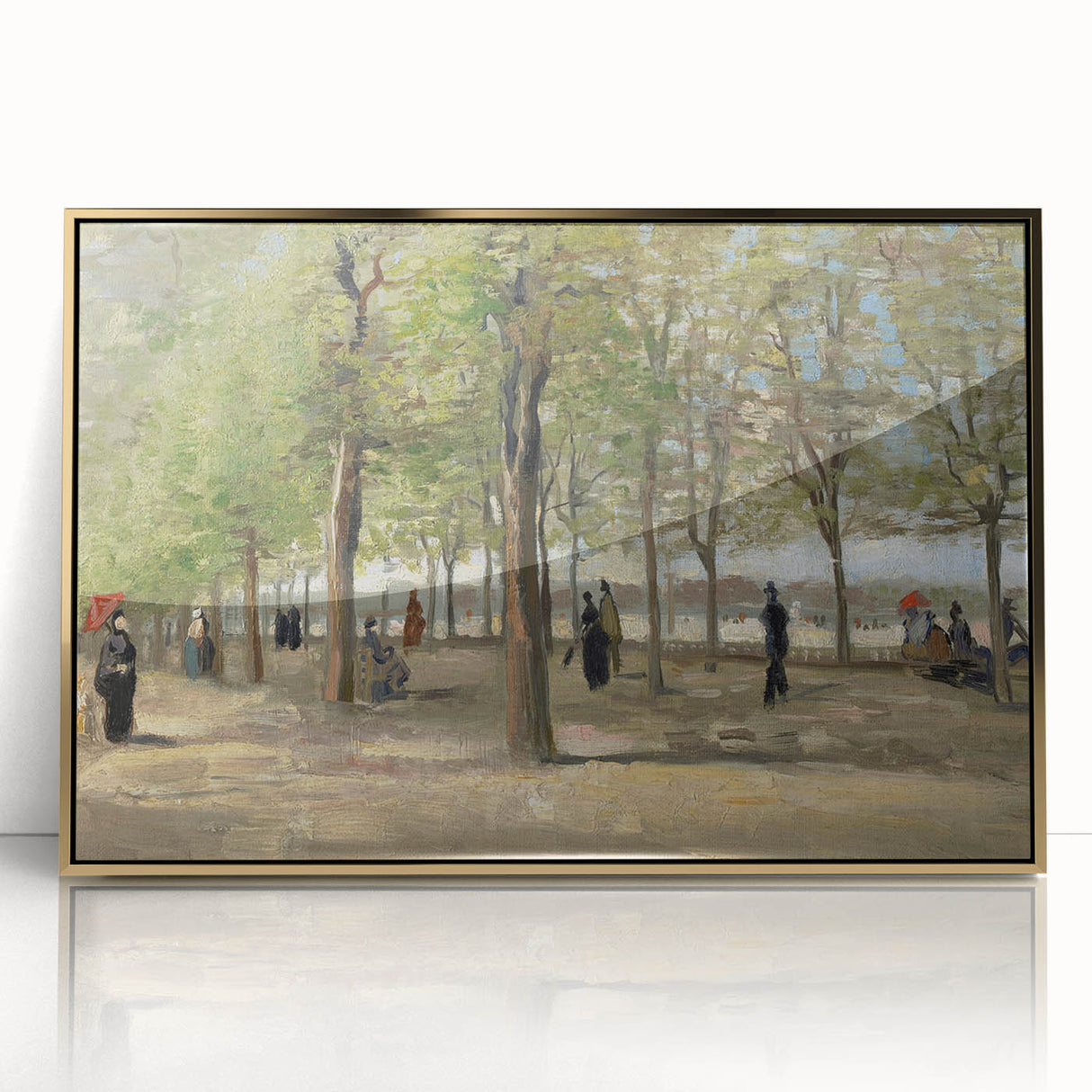 Acrylic print of Van Gogh-inspired art deco poster with gold frame, suitable for modern art wall decor in a nursery.
