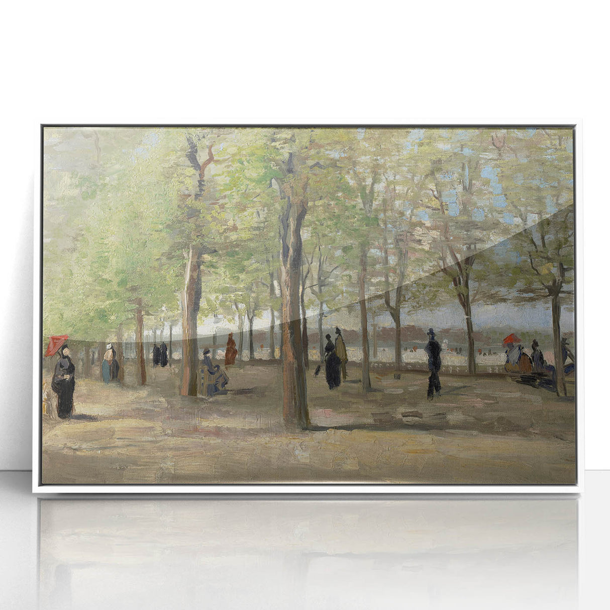 Mid-century modernist art depicting a stylized landscape in acrylic on a white framed canvas.