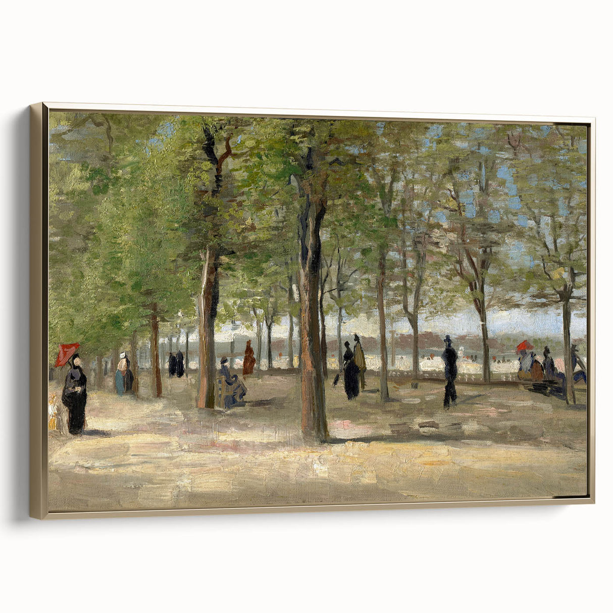 Side view of a framed canvas featuring Van Gogh-style landscape art with muted gold tones, ideal for bedroom wall art.