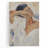 Abstract figurative stretched canvas artwork with vibrant colors and dynamic shapes, showcasing contemporary design elements perfect for modern home decor.