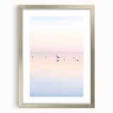 Abstract landscape artwork framed in silver, featuring a modern design with a mat border, ideal for enhancing contemporary home decor. The piece showcases soft colors and fluid shapes, perfect for adding elegance to any living space.