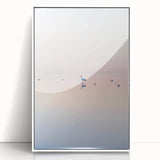 Abstract landscape artwork displayed in a sleek white frame, featuring vibrant colors and fluid shapes that evoke a serene natural scene, perfect for modern home decor.