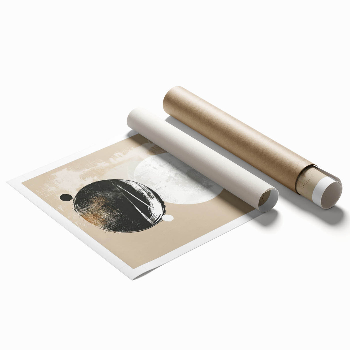 Abstract minimalist wall art rolled print featuring soft pastel colors and geometric shapes, elegantly packaged in a protective cardboard tube for easy display.