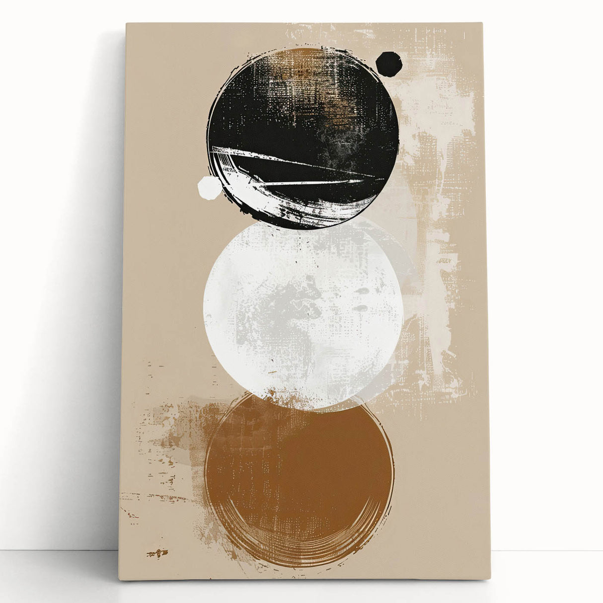 Abstract minimalist wall art on stretched canvas, featuring soft pastel colors and geometric shapes, leaning against a neutral wall, perfect for modern decor.