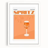 Abstract art print featuring swirling patterns in blue and orange tones on a white framed canvas.