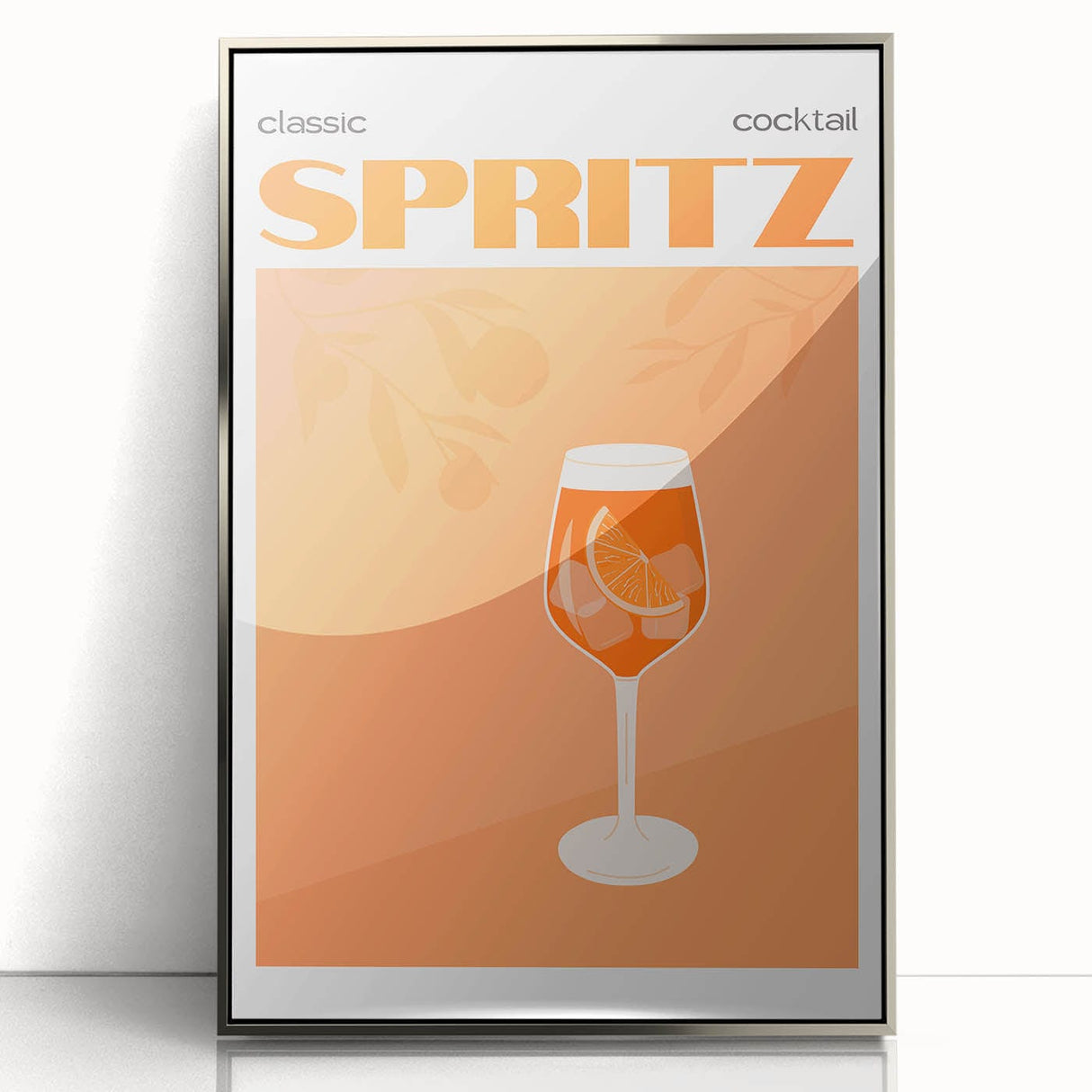 Mid-century modernist art featuring abstract food and drinks in muted colors on a framed acrylic print.