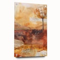 Large abstract wall art depicting fall seasons in muted orange and brown tones on acrylic glass.