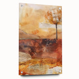 Large abstract wall art depicting fall seasons in muted orange and brown tones on acrylic glass.