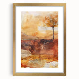 Abstract art print featuring textured orange and yellow hues on a large canvas, suitable for living room decor.