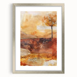 Textured abstract art print depicting autumnal colors in muted shades on a framed canvas, suitable for bedroom decor.