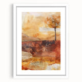 Abstract art print featuring swirling orange and yellow tones on a white framed canvas, ideal for dining room ambiance.