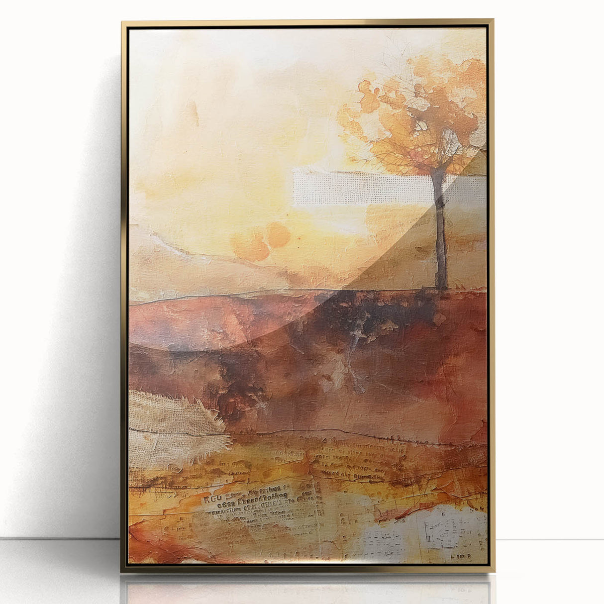 Large art print featuring mid-century modernist autumn trees, in gold and orange tones on framed acrylic.