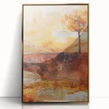 Large art print featuring mid-century modernist autumn trees, in gold and orange tones on framed acrylic.