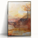 Mid-century modernist art depicting a fall landscape in muted orange tones on a silver-framed acrylic print.