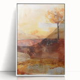 Art deco poster featuring a stylized autumn tree in orange and red tones on a white acrylic framed print.