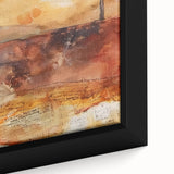 Close-up of a framed canvas featuring an abstract, textured fall scene in black with vibrant autumn colors.