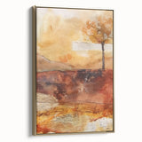 Framed canvas wall art depicting a vintage landscape scene in gold and black tones, ideal for bedroom decor.