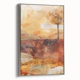 Framed canvas featuring a vintage-style landscape painting with fall foliage in vibrant orange and red tones.