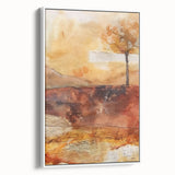 Vintage poster art of autumn trees on a framed canvas, featuring warm red and orange tones, suitable for living room decor.