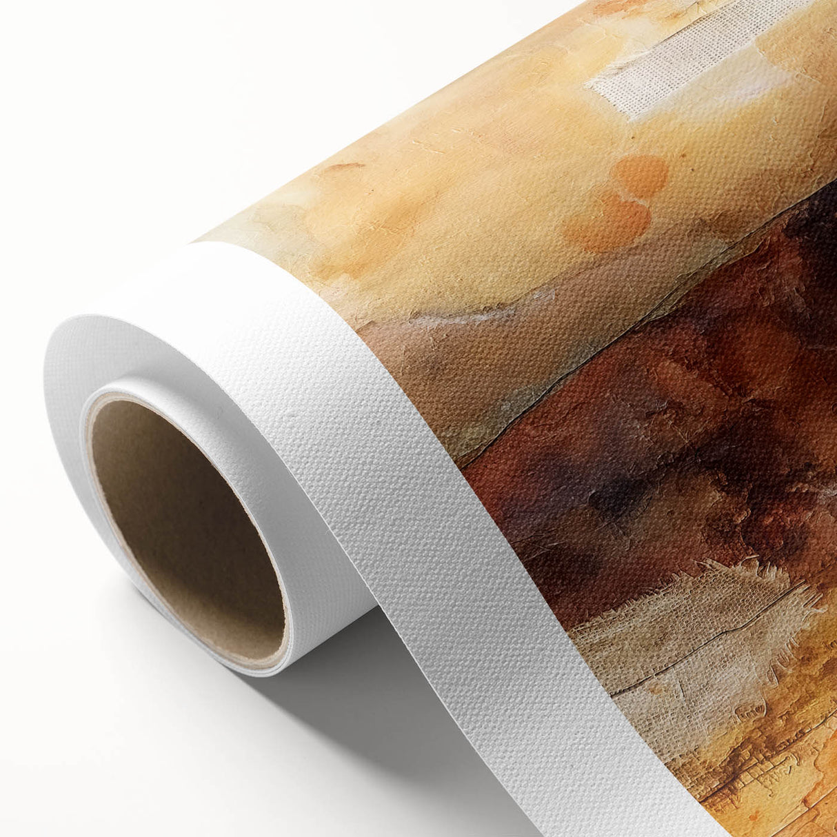 Art Deco poster of an abstract fall landscape in orange and brown hues on rolled canvas, ideal for nursery wall art.
