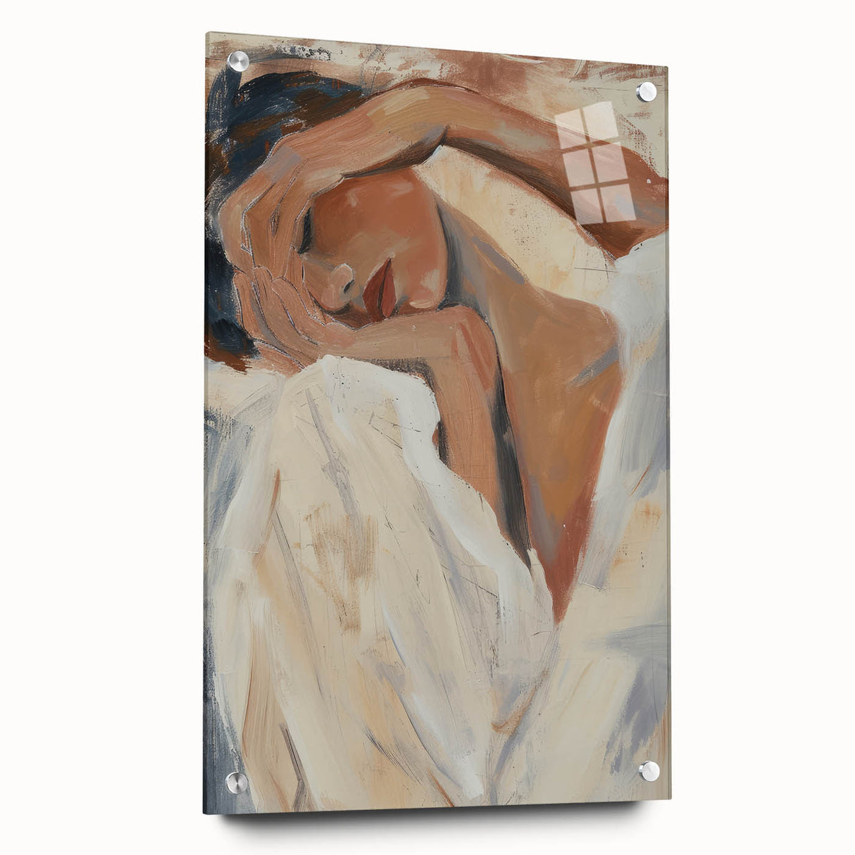 Abstract figurative acrylic artwork on glass, showcasing vibrant colors and dynamic shapes, displayed in a side view with decorative pins for mounting.