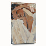 Abstract figurative acrylic artwork on glass, showcasing vibrant colors and dynamic shapes, displayed in a side view with decorative pins for mounting.