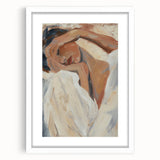 Abstract figurative art frame with a white mat, showcasing vibrant colors and dynamic shapes. Perfect for modern home decor and artistic displays.