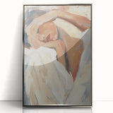 Framed abstract figurative artwork in silver acrylic, showcasing a modern design with dynamic shapes and vibrant colors, perfect for contemporary decor.