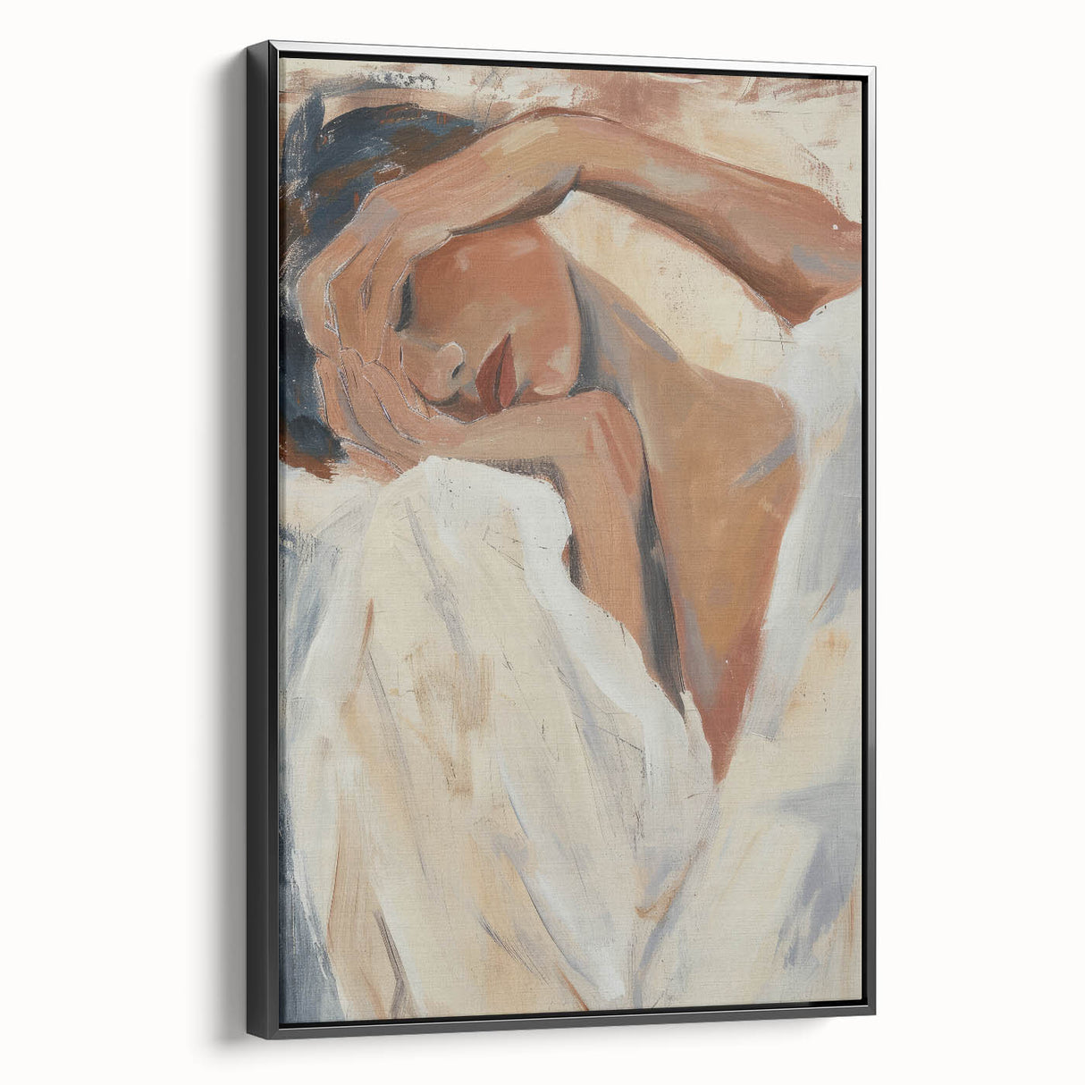 Framed abstract figurative canvas art in black, showcasing a modern design with dynamic shapes and textures, perfect for contemporary home decor.