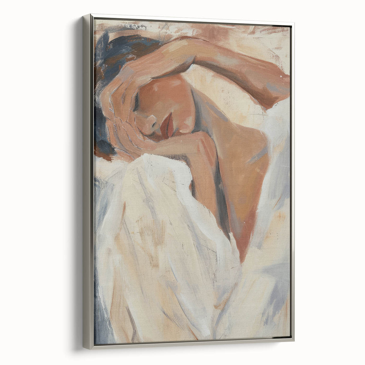 Framed abstract figurative canvas art with silver accents, showcasing a modern design that adds elegance to any interior decor. Ideal for contemporary art lovers.