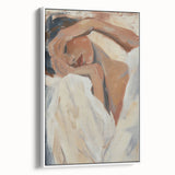Abstract figurative framed canvas artwork featuring a modern design with prominent white tones and intricate detailing, ideal for contemporary home decor.