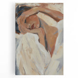 Abstract figurative stretched canvas artwork showcasing vibrant colors and dynamic shapes, designed to enhance modern interiors with a contemporary aesthetic.