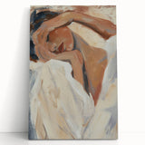 Abstract figurative artwork on stretched canvas, showcasing vibrant colors and dynamic shapes, leaning against a neutral wall, perfect for modern home decor.