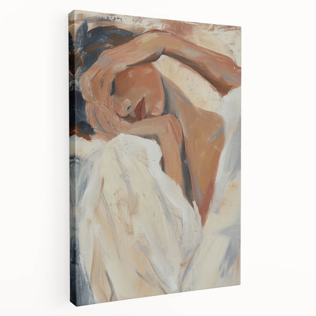 Abstract figurative stretched canvas artwork showcasing vibrant colors and dynamic shapes, viewed from the side, ideal for modern home decor enhancement.