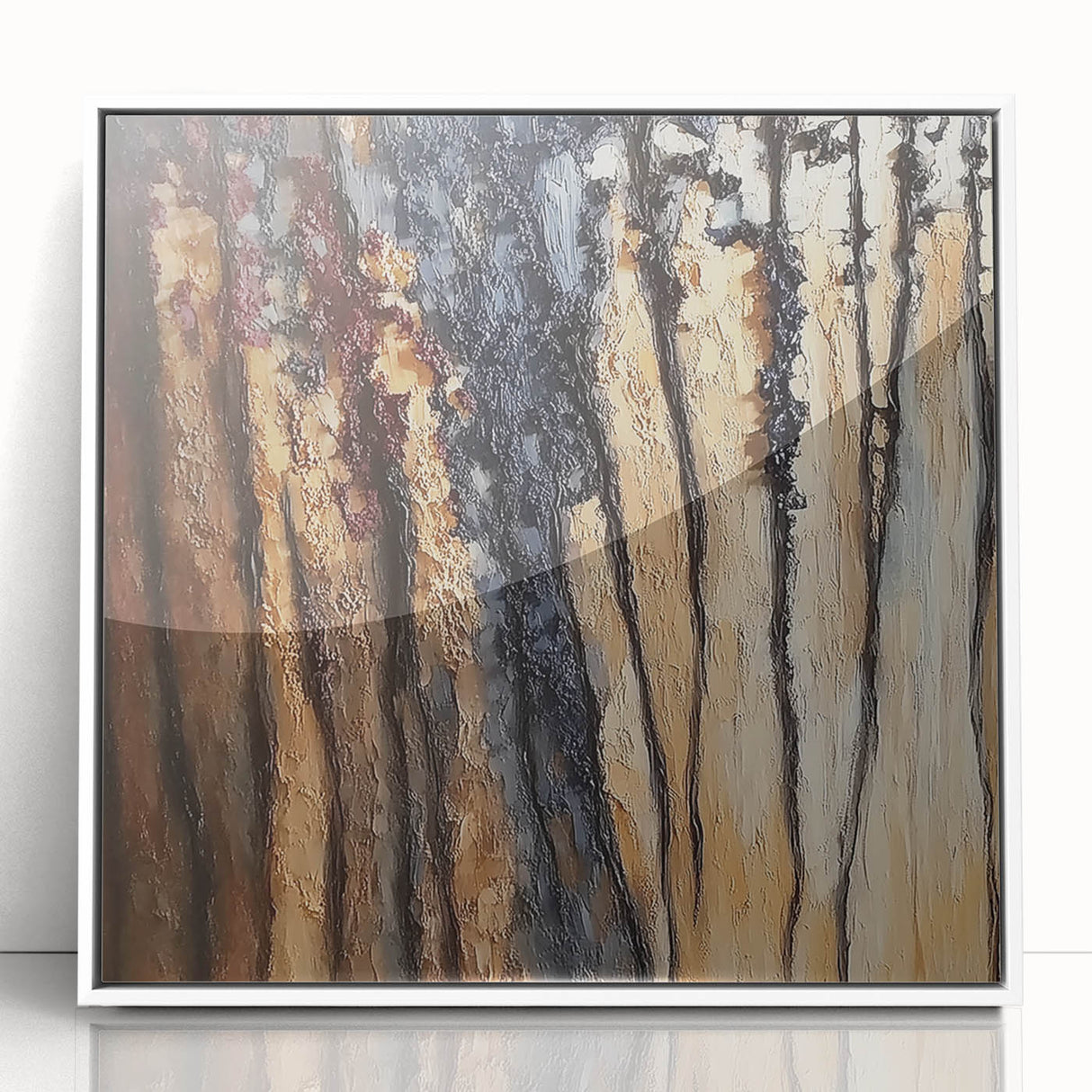 Framed abstract floral acrylic artwork in white, showcasing vibrant colors and intricate patterns, perfect for modern home décor and gallery displays.